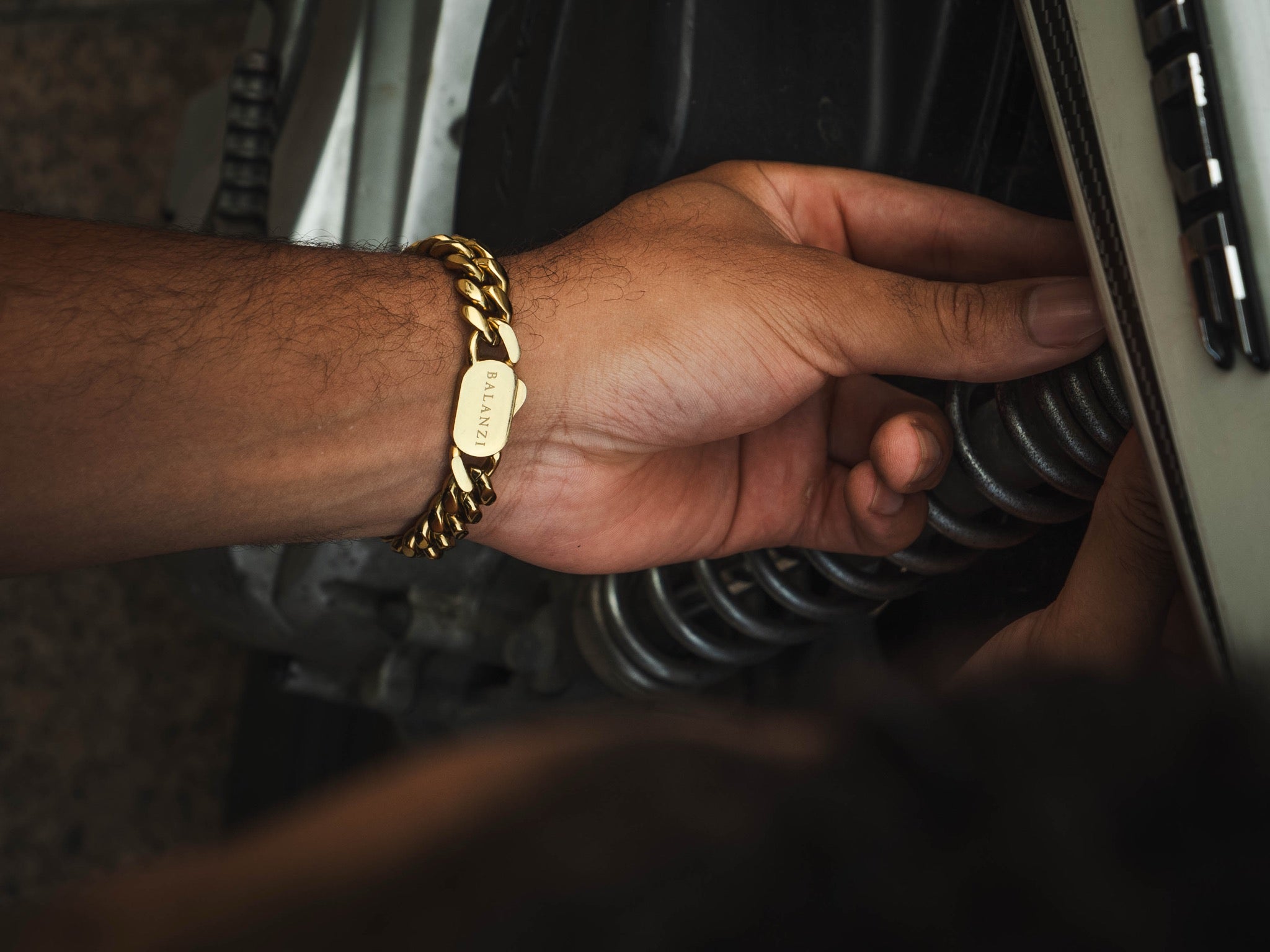 BALANZI 12mm Cuban link bracelet — golden-hour wrist, lifestyle